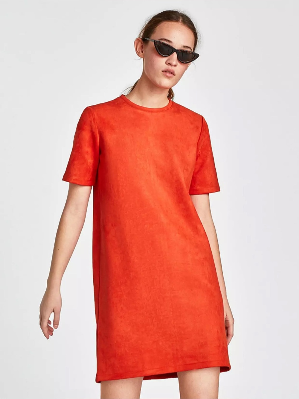 Zara Vibrant Red Orange Faux Suede Short-Sleeve Shift Dress